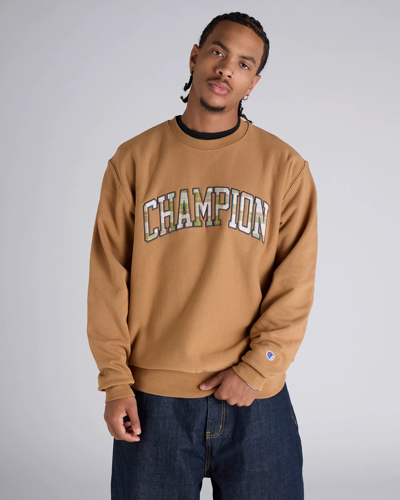 Reverse Weave Plaid Applique Crew
