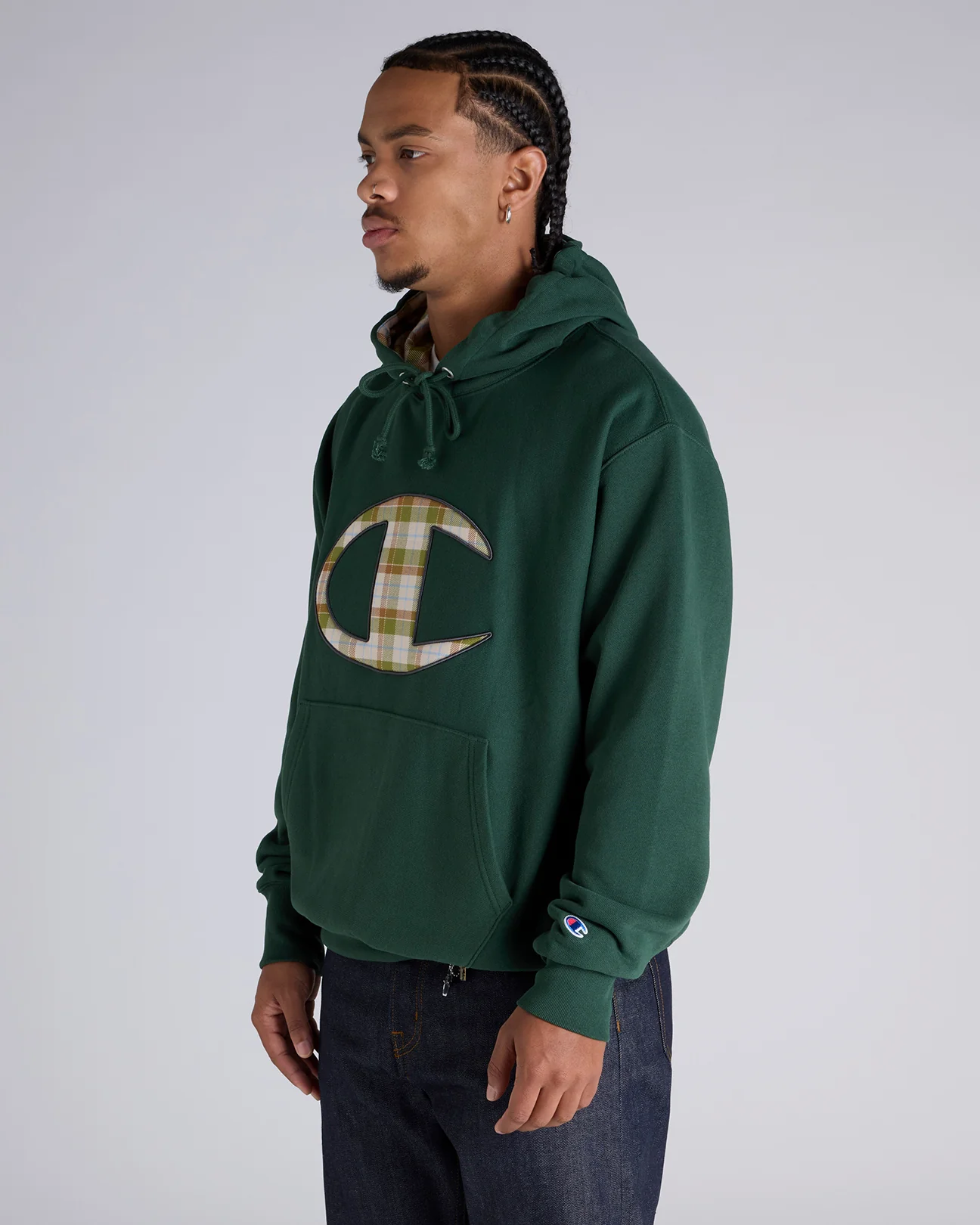 Reverse Weave Plaid Panel Hoodie - Image 2