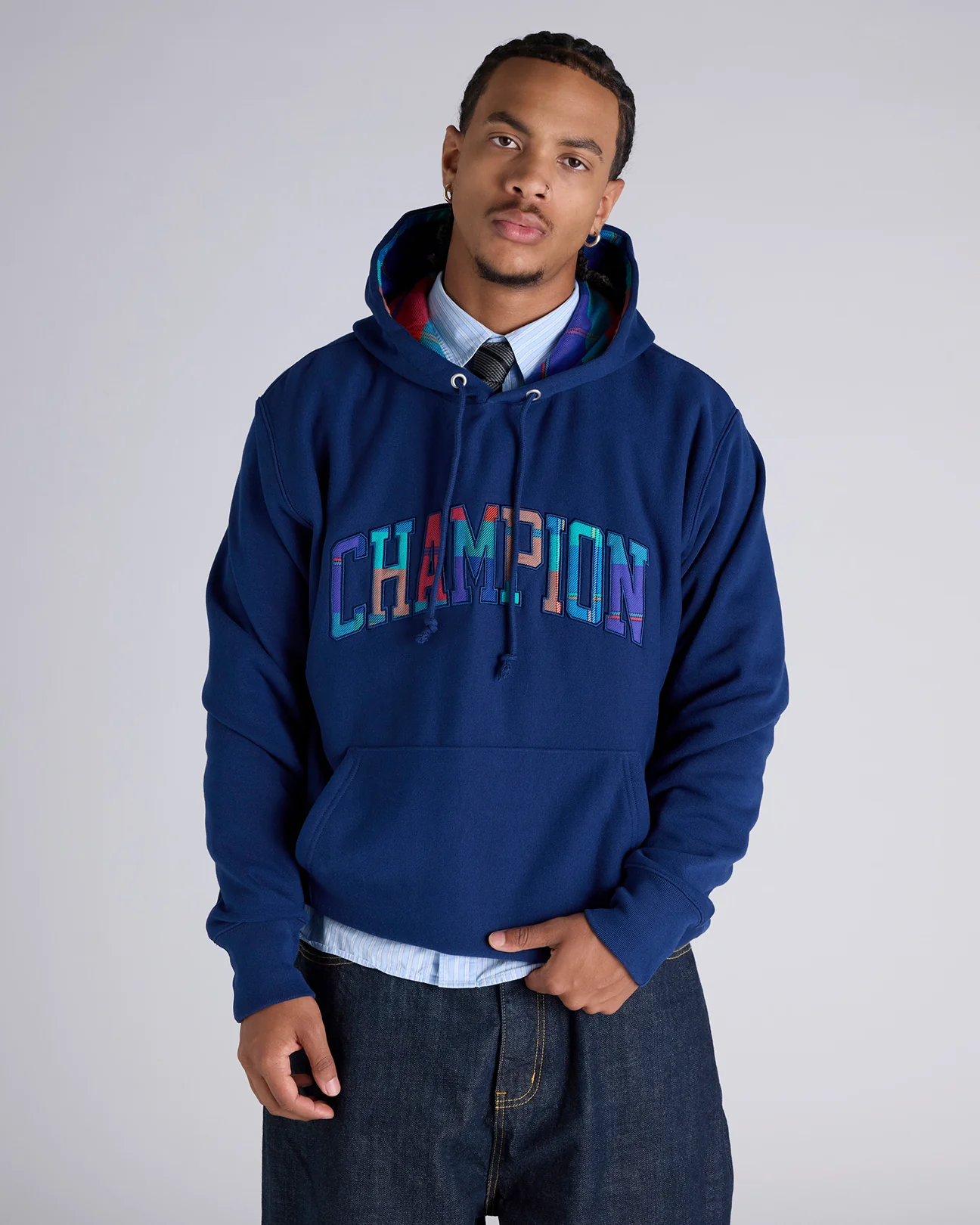 Reverse Weave Plaid Panel Hoodie