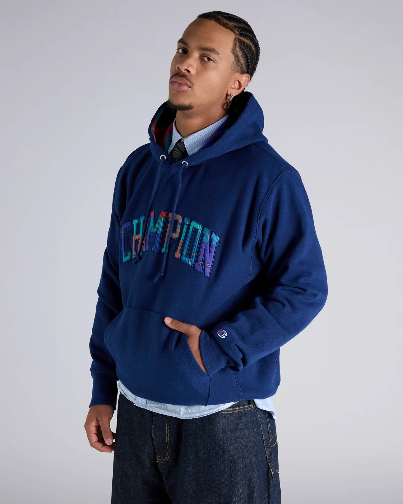 Reverse Weave Plaid Panel Hoodie - Image 2